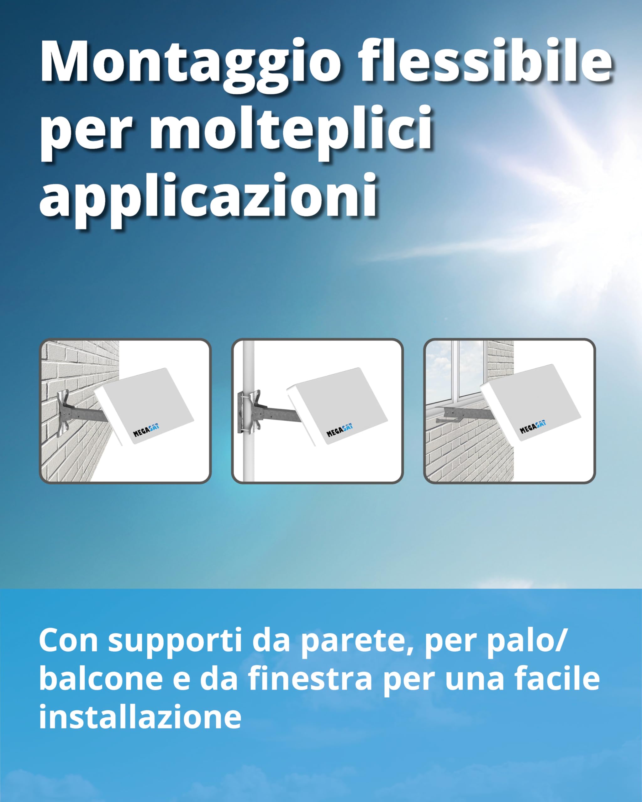 Megasat Antenna piatta D1 Profi-Line – Antenna satellitare piatta (1 utente, LNB intercambiabile, installazione a parete, supporto per palo/balcone o finestra) – Bianco