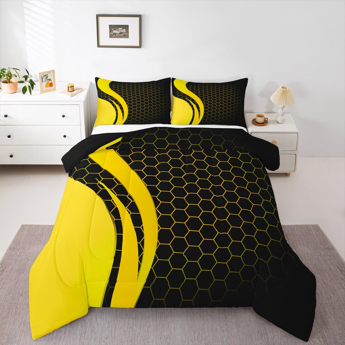 Geometry Bedding Set Geometry Honeycomb Comforter Set for Kids Boys Girls Teens Hexagonal Geometrical Yellow Black Comforter Beehive Duvet Set King Size Boys