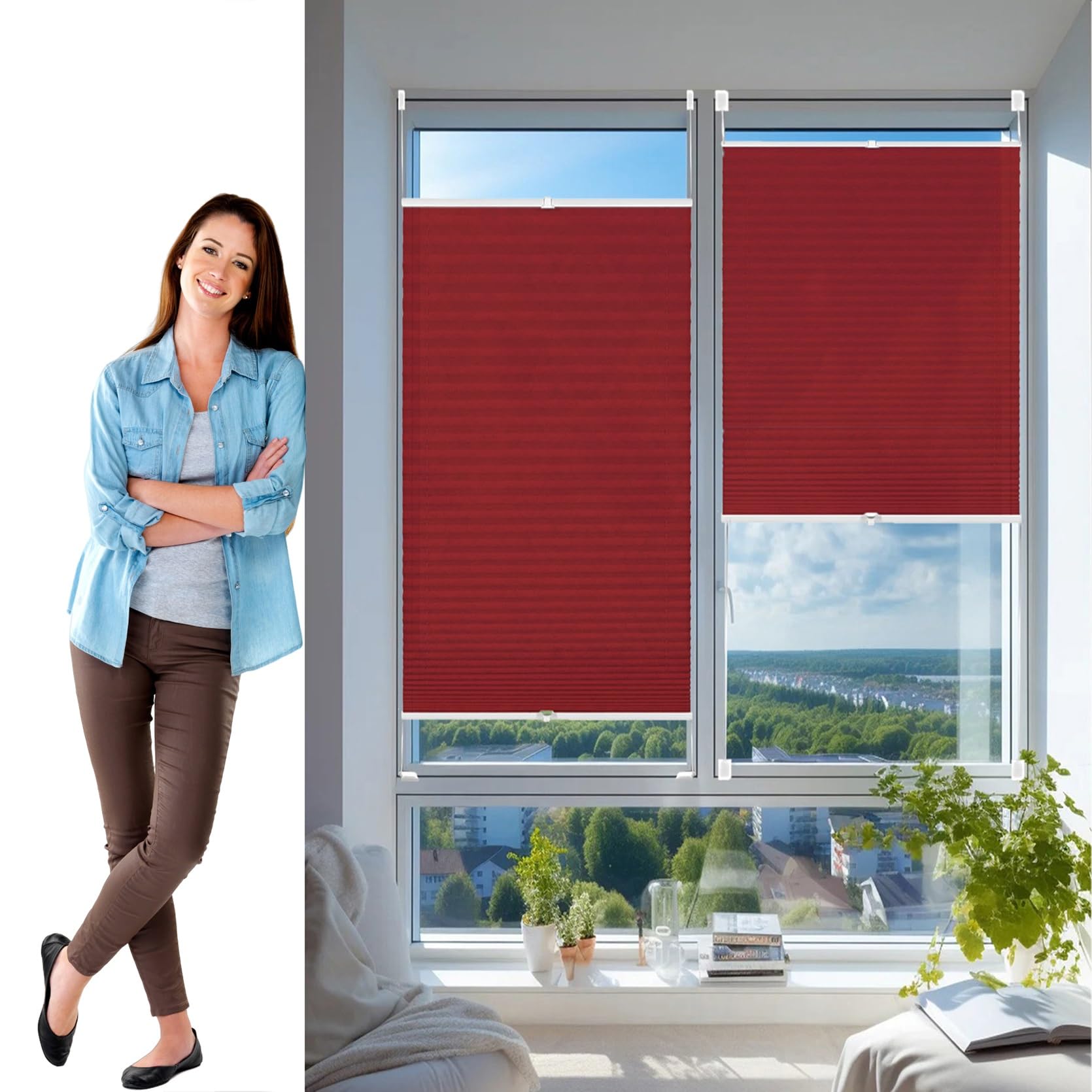 Temporary Pleated Blinds for Windows 75 x 105 cm (W x H), No Drilling, Translucent, Crushed Look, No Drill Blinds Pleated Fabric Blind, Blackout Roller Blind, for Window Door, Red โ image 1