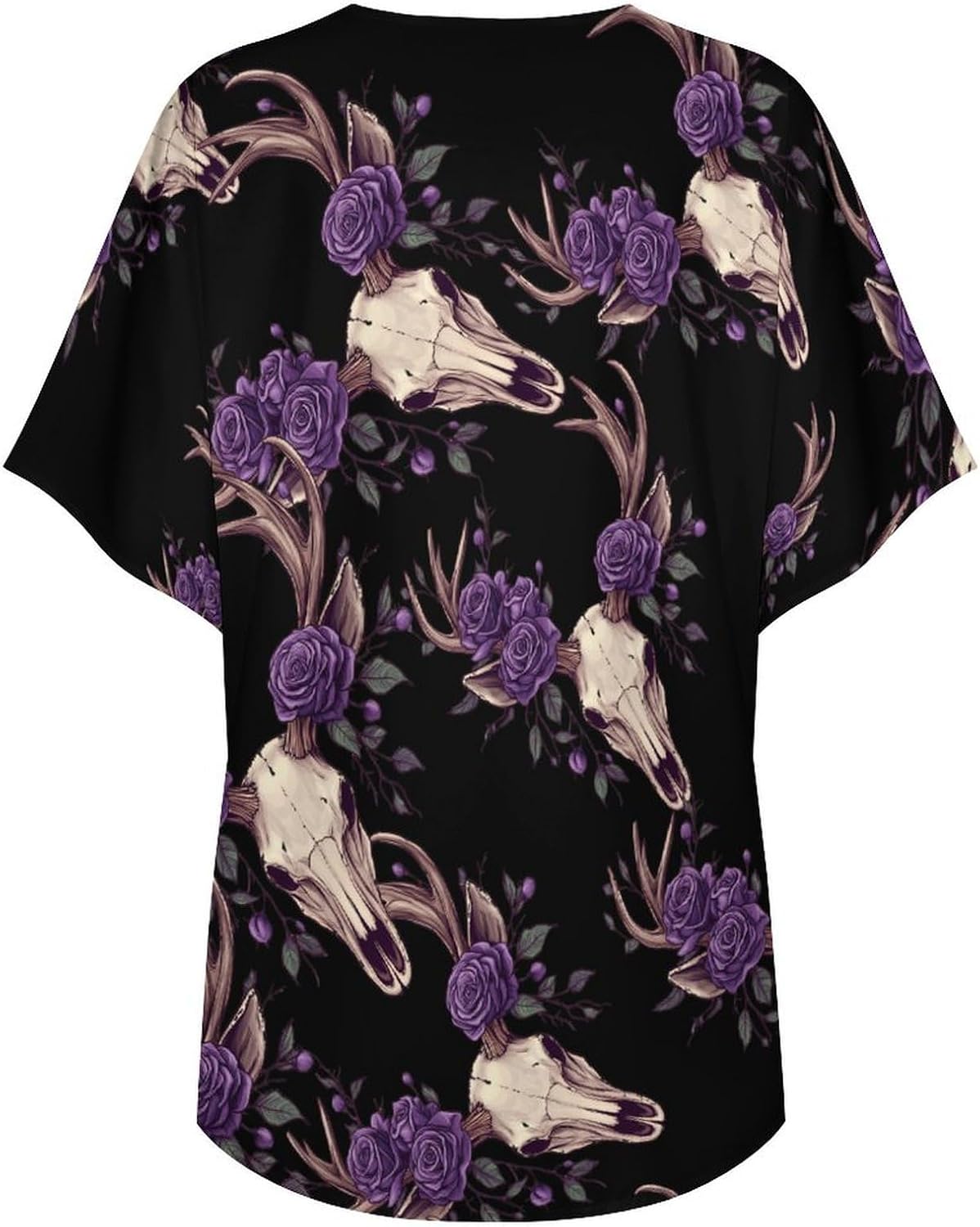 Deer Animal Skull with Floral Women's Open Front Cardigan Short Sleeves Jacket Lightweight Sweaters Tops