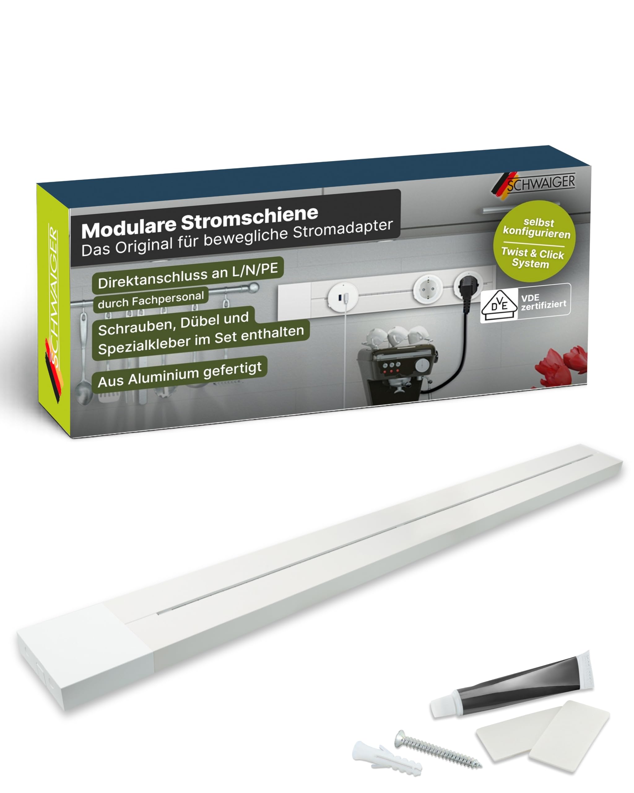 SCHWAIGER Konfigurierbare Steckdosenleiste | 75 cm modular Alu-Design | Individuell einstellbar für Küche, Büro & Werkst