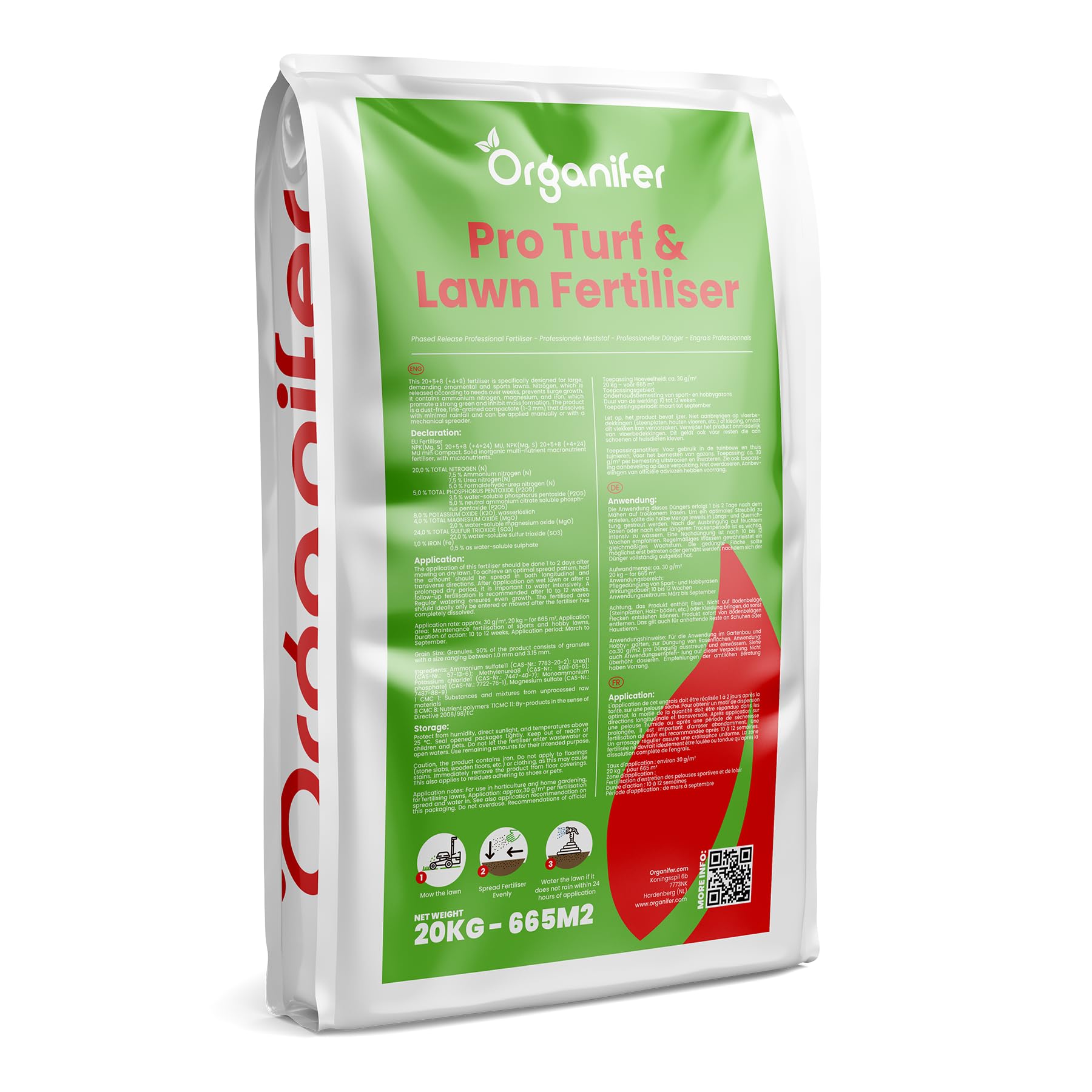Engrais Pro Turf & Lawn (20 Kg - 665 M2) - Spécialement Pour Grandes Pelouses - Terrains De Sport Et Terrains De Golf - Libération Progressive - Npk+Mg+S (20+5+8 +4 +9) - Organifer