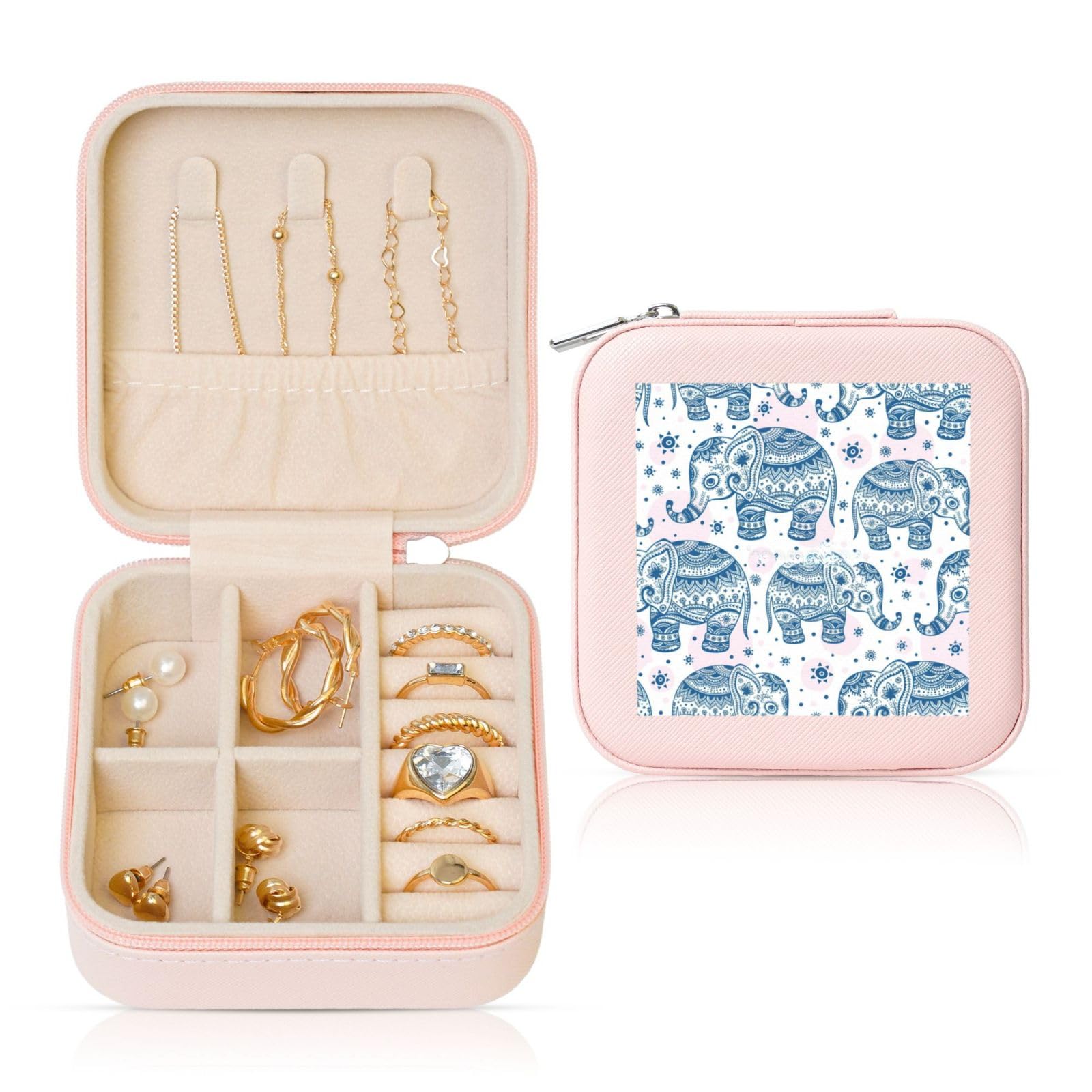 Nbtghga Boho Elephant Print Jewelry Box, Jewelry Travel Organizer Mini Portable Storage Boxes Rings Necklaces Gifts