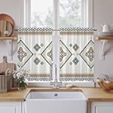 Beige Boho Kitchen Curtains 45 Inch Long 2 Panel Set, Rod Pocket Window Treatment, Vintage Ethnic Tribe Abstract Art Retro Light Filtering Short Curtains & Drapes for Bathroom Laundry 52