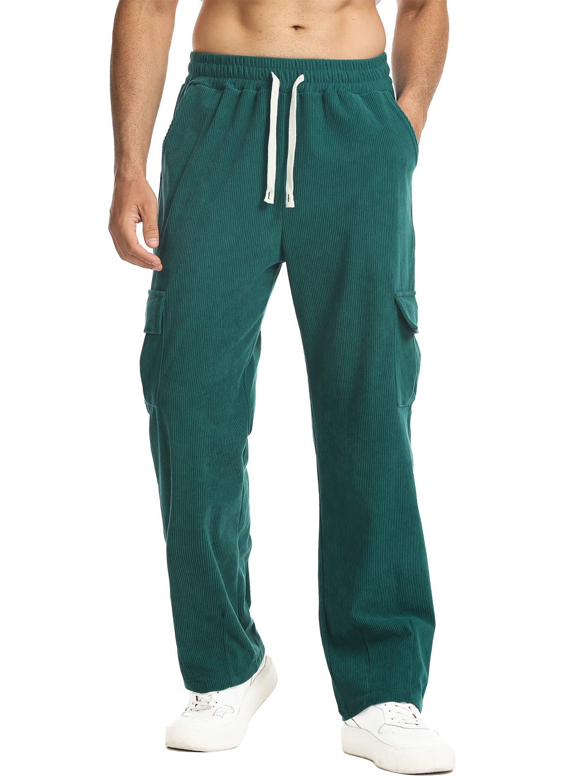 Men's Corduroy Trousers Cargo Trousers Casual Corduroy Winter Corduroy Trousers with Drawstring and Elastic Waist with 4 Pockets