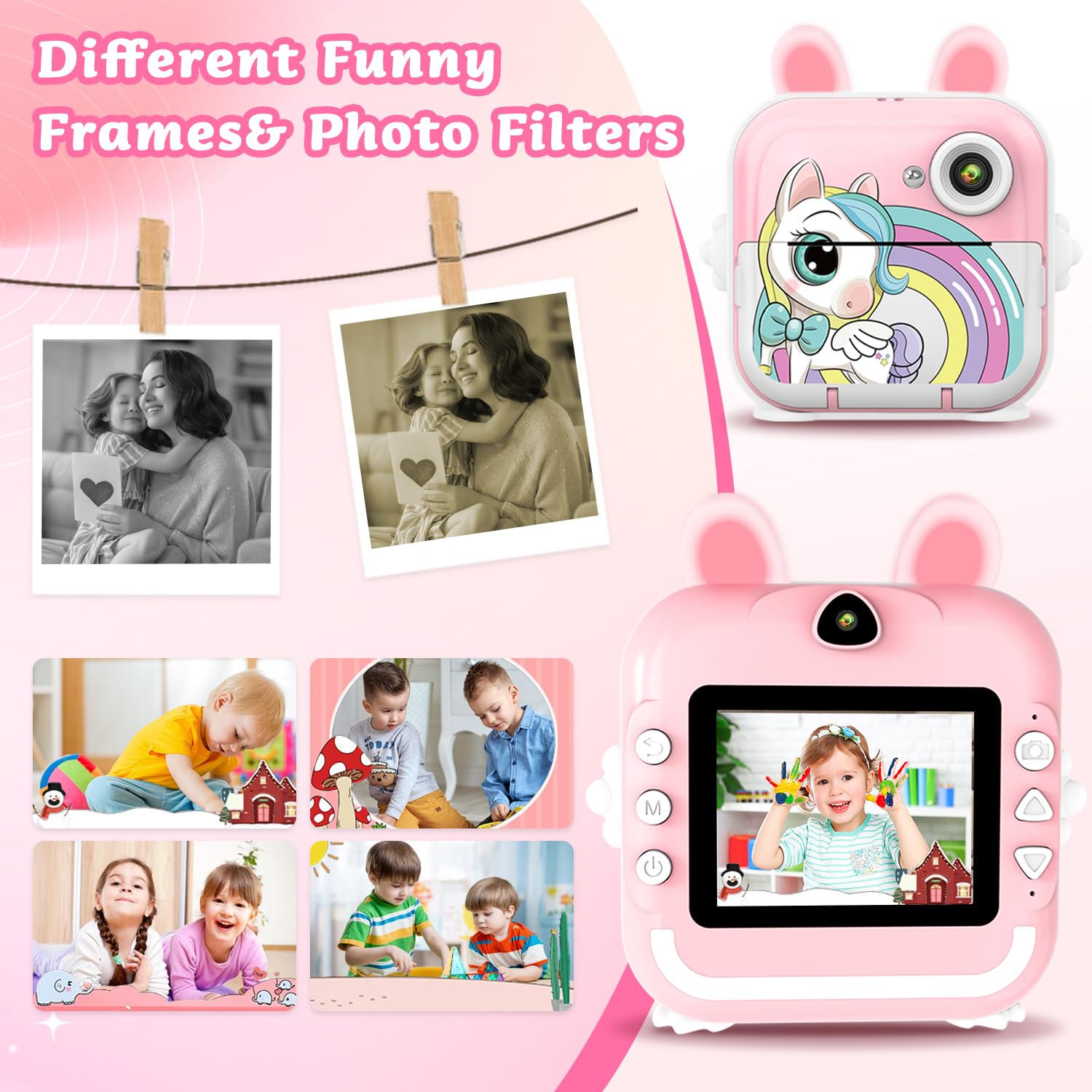 Fine Life Pro Vaca lechera, con tarjeta TF de 32 GB, cámara infantil, 30 MP, 1080P, pantalla de 2,4 pulgadas, cámara de impresión instantánea para niños (rosa