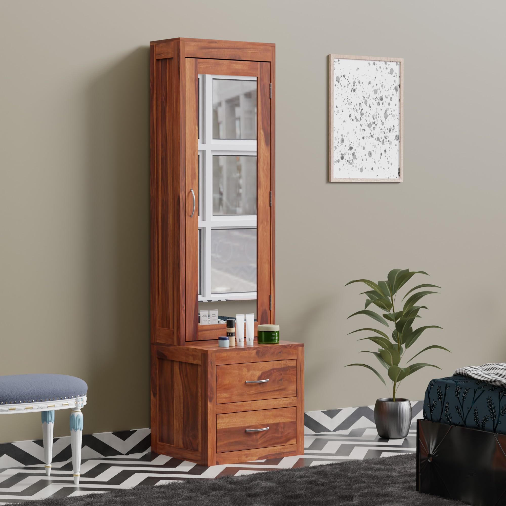 Krishna Wood Decor Sheesham Wood Dressing Table With 2 Drawer Storage For Living Room Bedroom Wooden Vanities For Home Solid Wood Bedroom Furniture (Teak Finish),Brown-image-21
