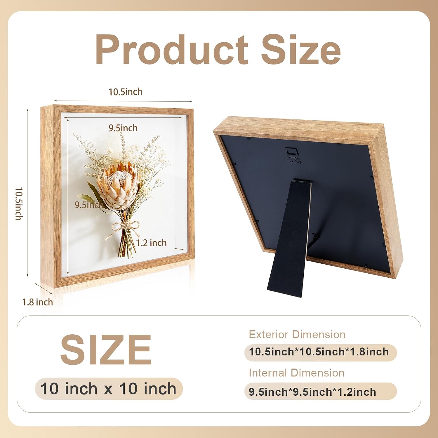 4 pack 10x10 shadow box frame display cases 3d wood deep shadow boxes | shadow display frames with stand, for dried flowers, keepsake,photos, handicrafts, pictures, wall or tabletop wood 10x10