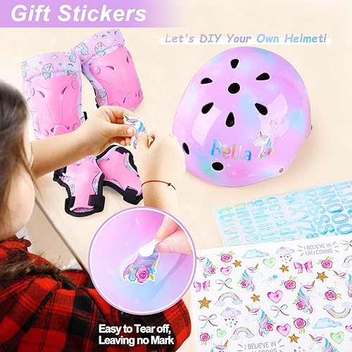 Miniatura 3 de Casco para niños, casco de bicicleta para niños pequeños con calcomanías de bricolaje, rodilleras y coderas de unicornio, conjunto de equipo de