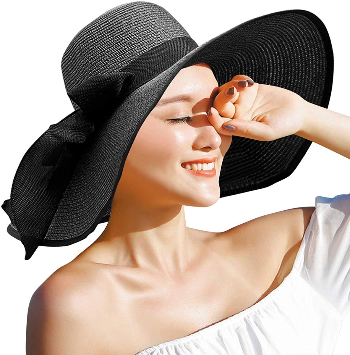 DRESHOW Sombrero Paja Mujer Plegable Verano Sombrero Verano Sombrero ala Ancha Mujer Sombrero de Playa Plegable UPF 50+