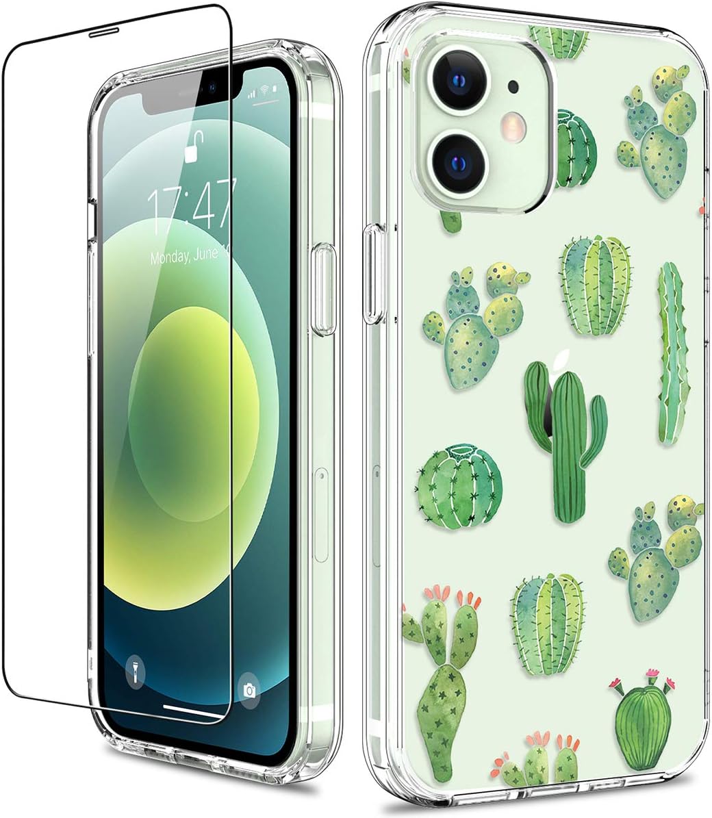 GiiKa for iPhone 12 Case, iPhone 12 Pro Case with Screen Protector, Clear Full Body Protective Floral Girls Women Shockproof Hard Case with TPU Bumper Cover Phone Case for iPhone 12, Green Cactus