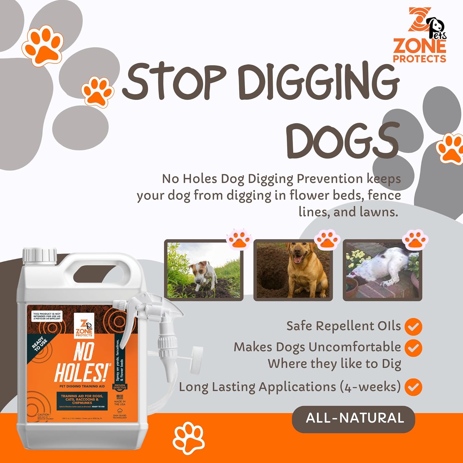 Zone No Holes Digging Dog Prevention – 1 Gallon with Trigger Sprayer + 32oz Concentrate Bundle, Best Training Aid, Stops Dogs from Digging Holes, Concentrate Makes 2 More Gallons