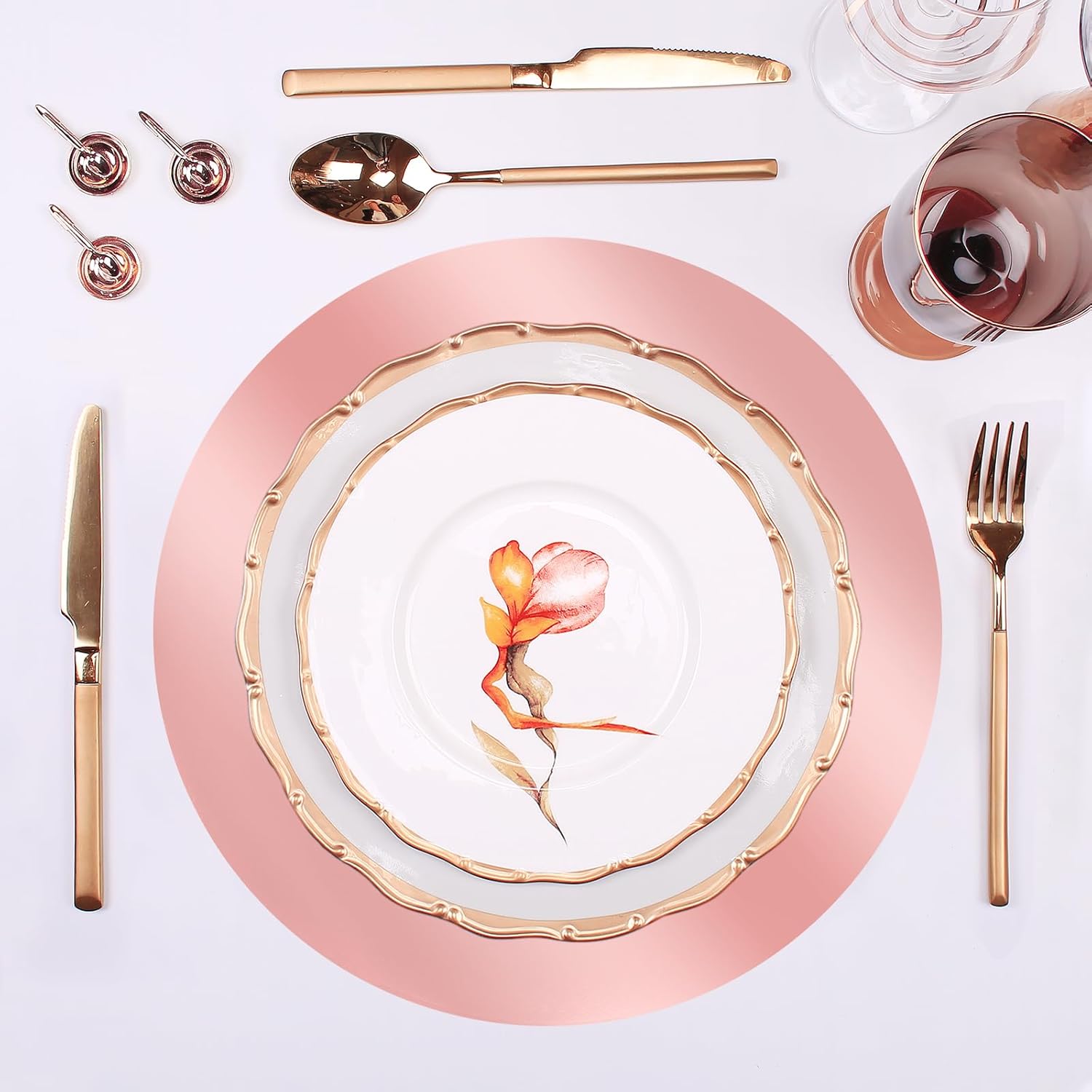 100 PCS Rose Gold Paper Placemats Shiny Mirrored Round Disposable Charger Decorative Place Mats Tablemats for Birthday Bachelorette Wedding Bridal Shower Valentines Day Party Dinner Table Decor
