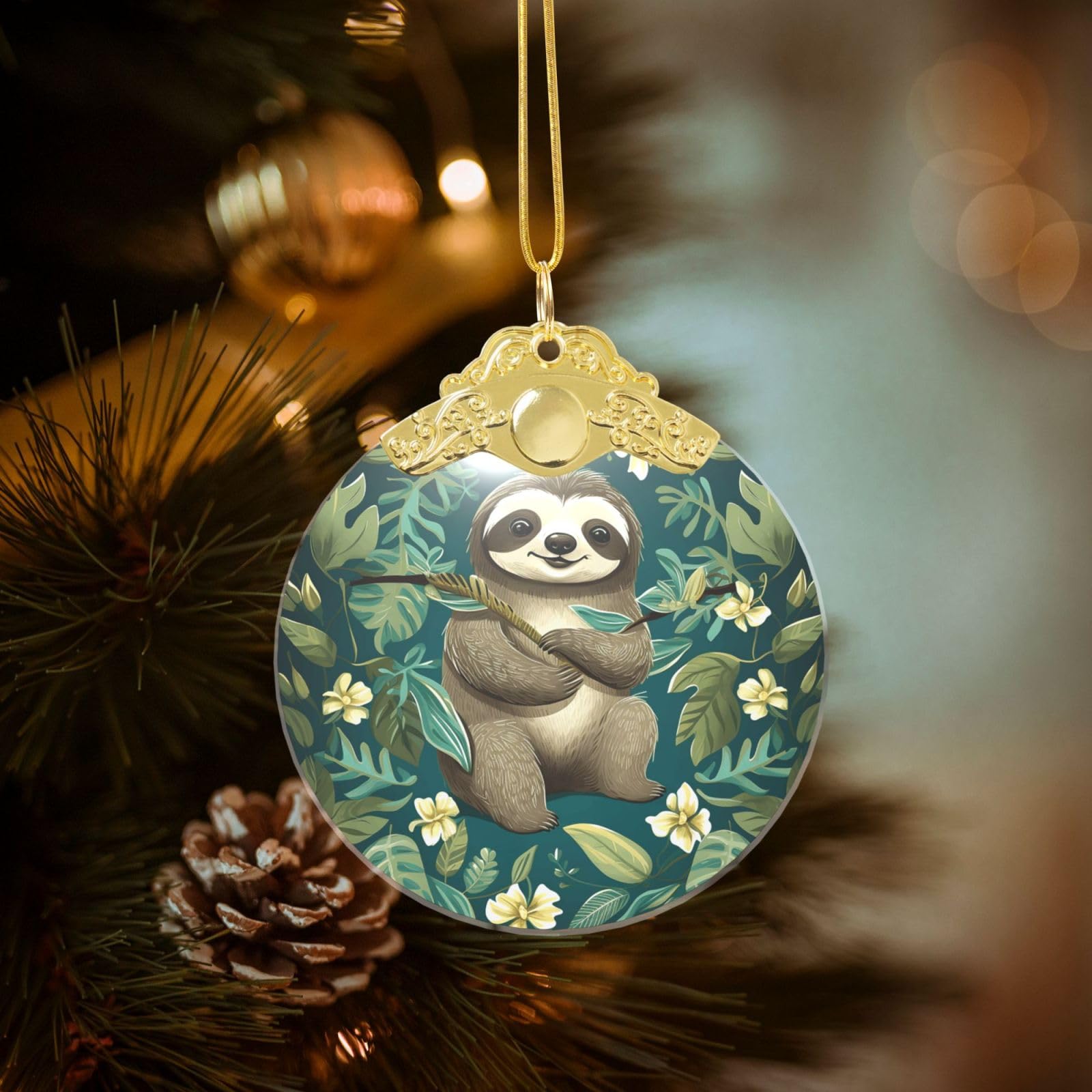 Crystal Christmas Ornaments for Christmas Tree Decoration Hanging Adorable Sloth Ornament with Gold Ribbon Crafts Round Pendant for Keepsake Gifts Glass Xmas Decor Party Supplies