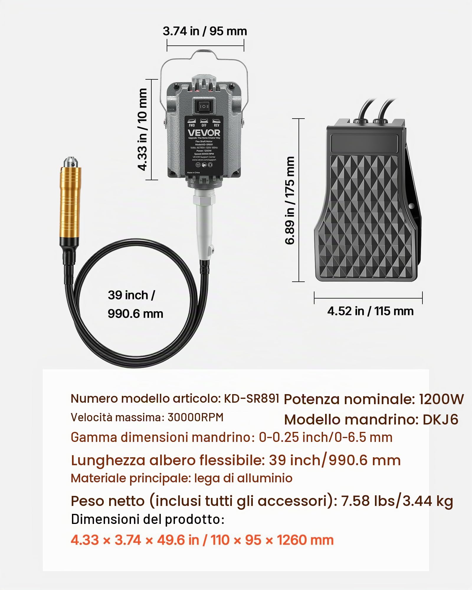 VEVOR Smerigliatrice ad Albero Flessibile Utensile Rotante Elettrico da 1200 W Velocità 30000 giri/min, Lucidatrice Sospesa Elettrica Controllo a Pedale per Levigatura Taglio Metallo Legno Fai da te