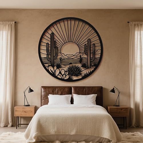 Arte de pared de metal de cactus del desierto, decoración de pared redonda del desierto con diseño de cactus y puesta de sol, arte de pared de metal