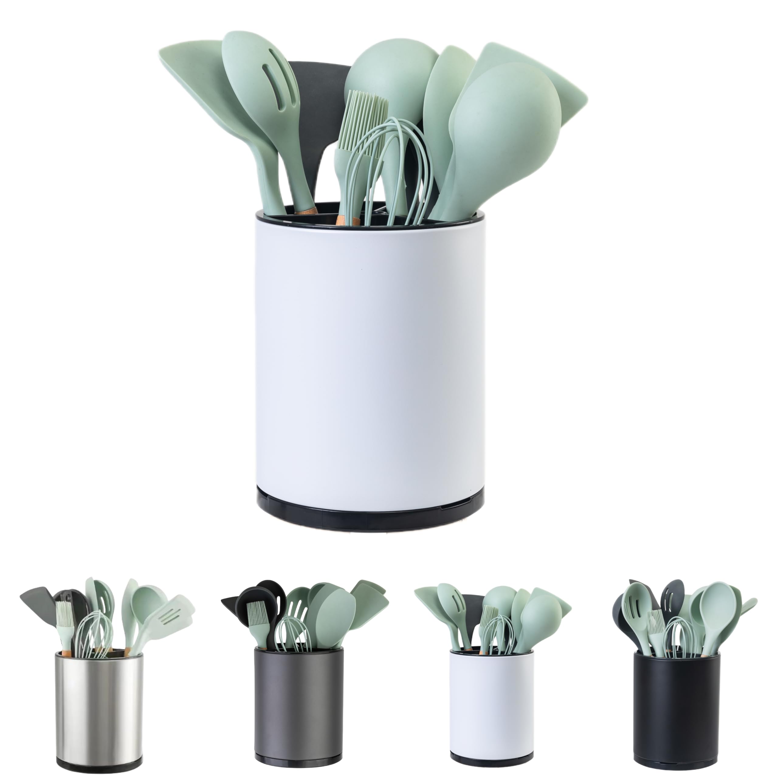 Kitchen Utensil Holder Extra Large 360°Rotating For Counter Organizer Stainless Steel Storage Cooking Silverware Caddy 3 Compartment Flatware Spoon Spatula Tool Cutlery Container(White)