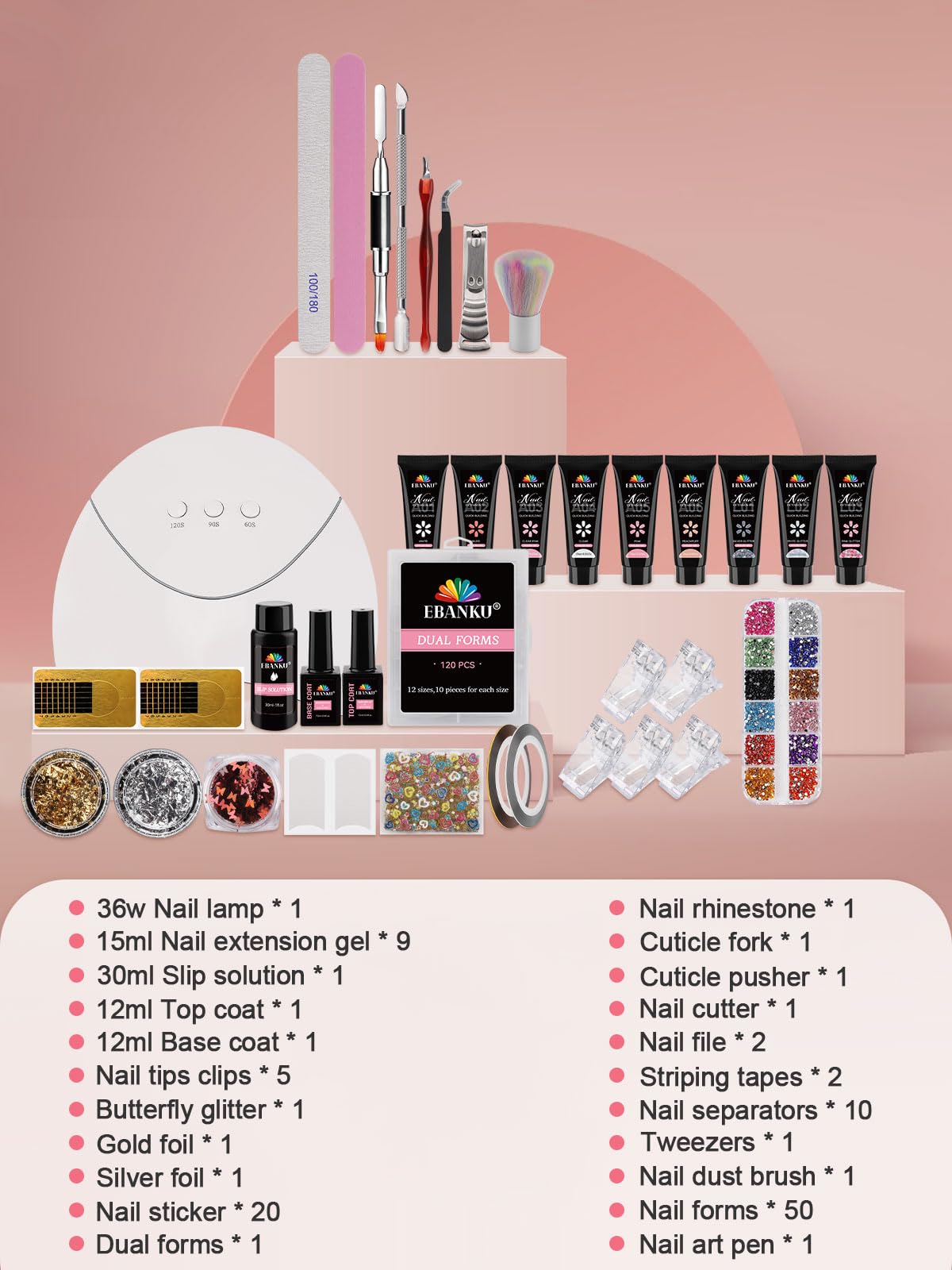 EBANKU Poly Gel Unghie Kit, 9 Colori Nail Extension Gel Kit Semipermanente Unghie Kit Rricostruzione Unghie Gel Completo con Lampada Unghie Finte Top Base Coat per Nail Art