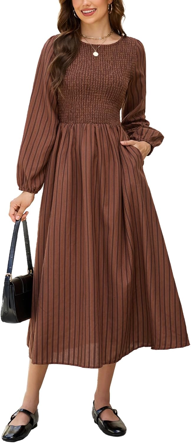 Women's Striped Long Sleeve Midi Dress Smocked Swing A Line Casual Dress with Pockets