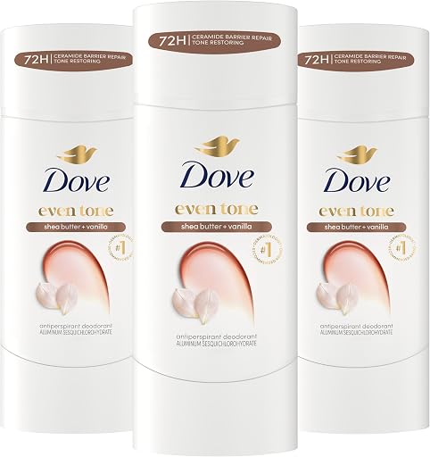 Dove Antiperspirant Deodorant Stick Even Tone Shea Butter & Vanilla Pack of 3 for 48h Odor and Sweat Protection & Skin Restoration, with Niacinamide & Visible Results in 3 Weeks, 2.6 oz