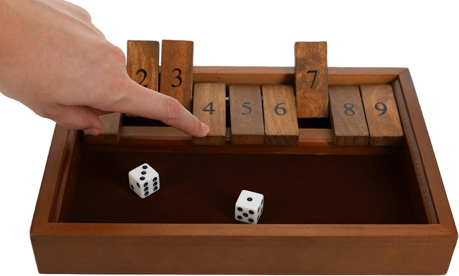 WE Games Shut the Box Game Wooden – 9 Number Flip Tiles with Dark Stained Wooden Box, Perfect for Game Night, Math Games, Clackers, Family Games, Adult Dice Games, Board Games for Adults, 11 inches