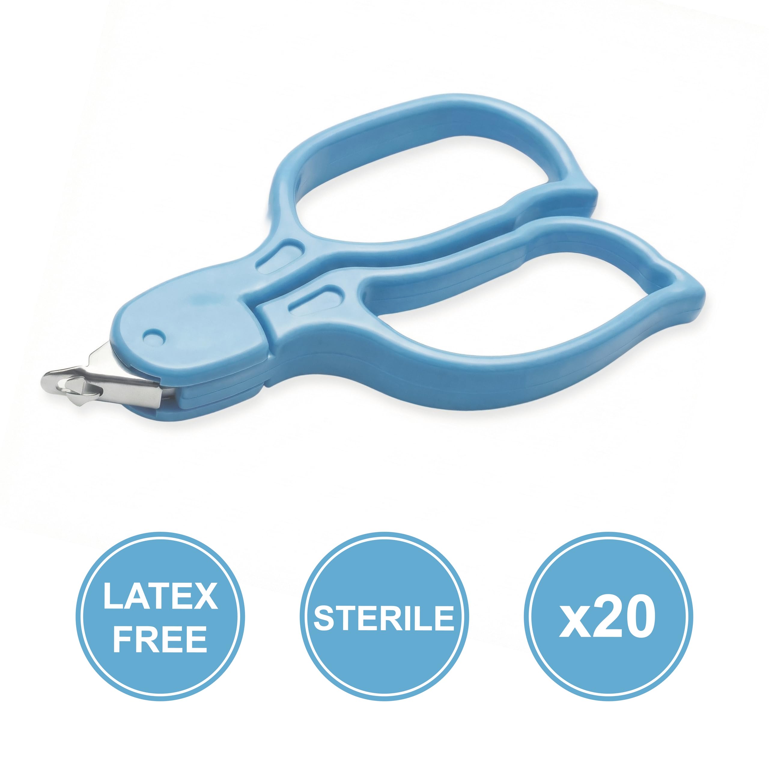 KMINA Ôte Agrafe (20 Unités) Bleu Stérile Jetable avec Ouverture Facile Design Ergonomique Acier Inoxydable et ABS Sans Latex Emballage Individuel 97 x 5,4 mm