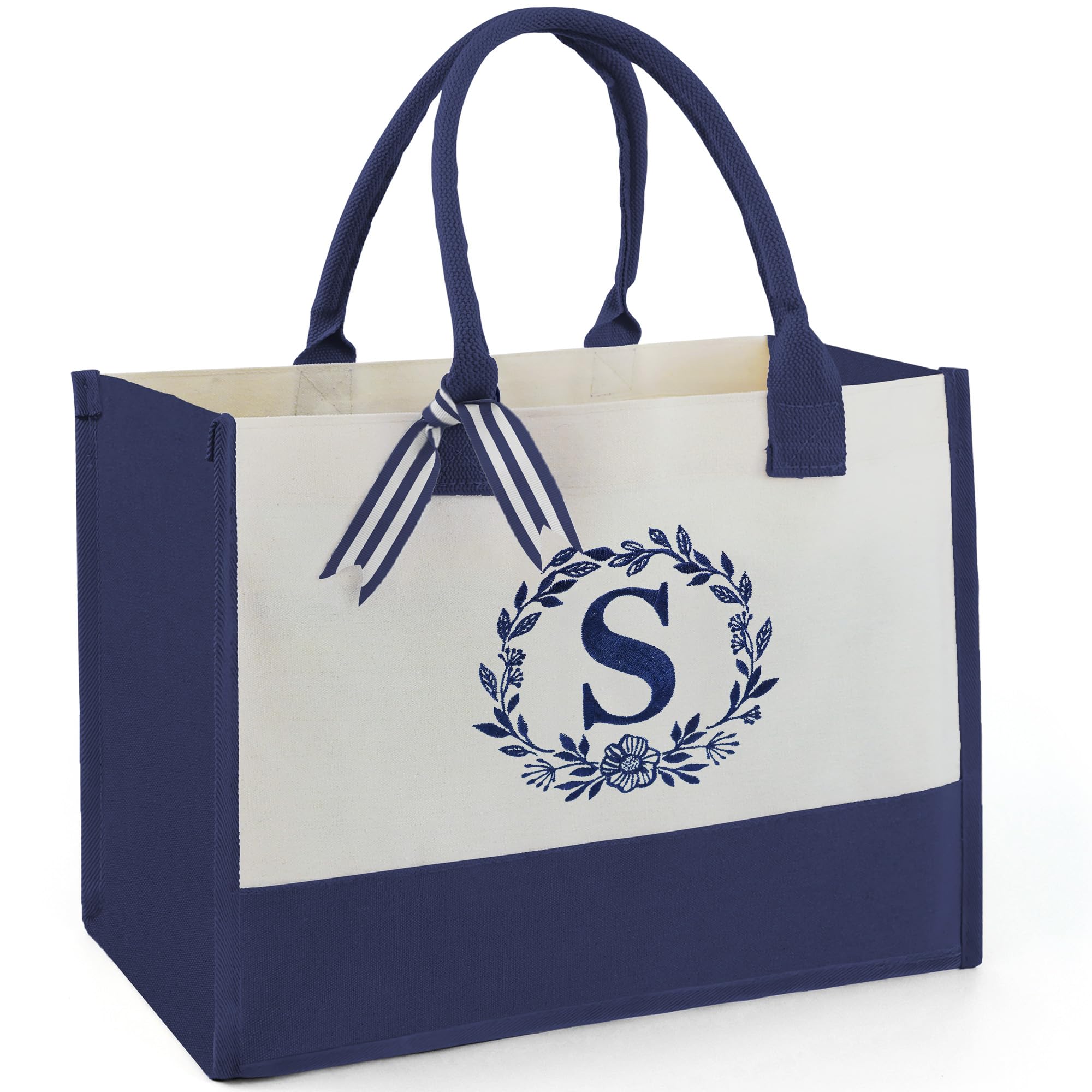 BeeGreenGift Basket Monogram Initial Canvas Tote Bag with Pocket Embroidery Personalized Tote for Mom Teacher Friend