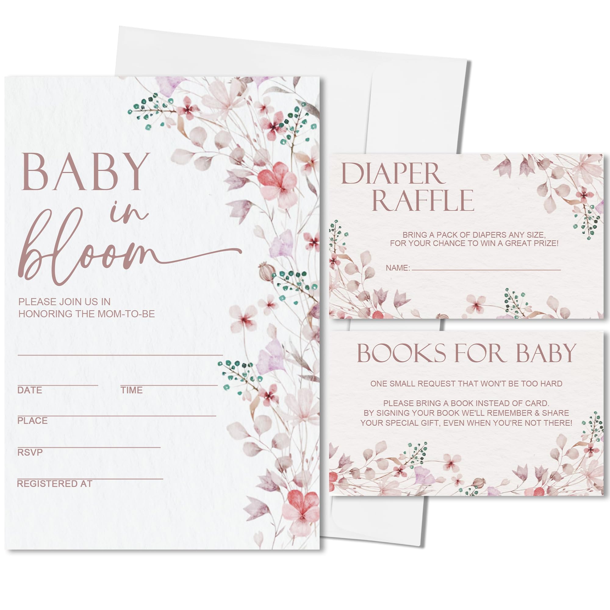 Vodbok 25 Sets Baby In Bloom Baby Shower Invitations,Boho Wild Flower Baby Shower Invites With Envelopes,Book Request Cards, Diaper Raffle Tickets,
