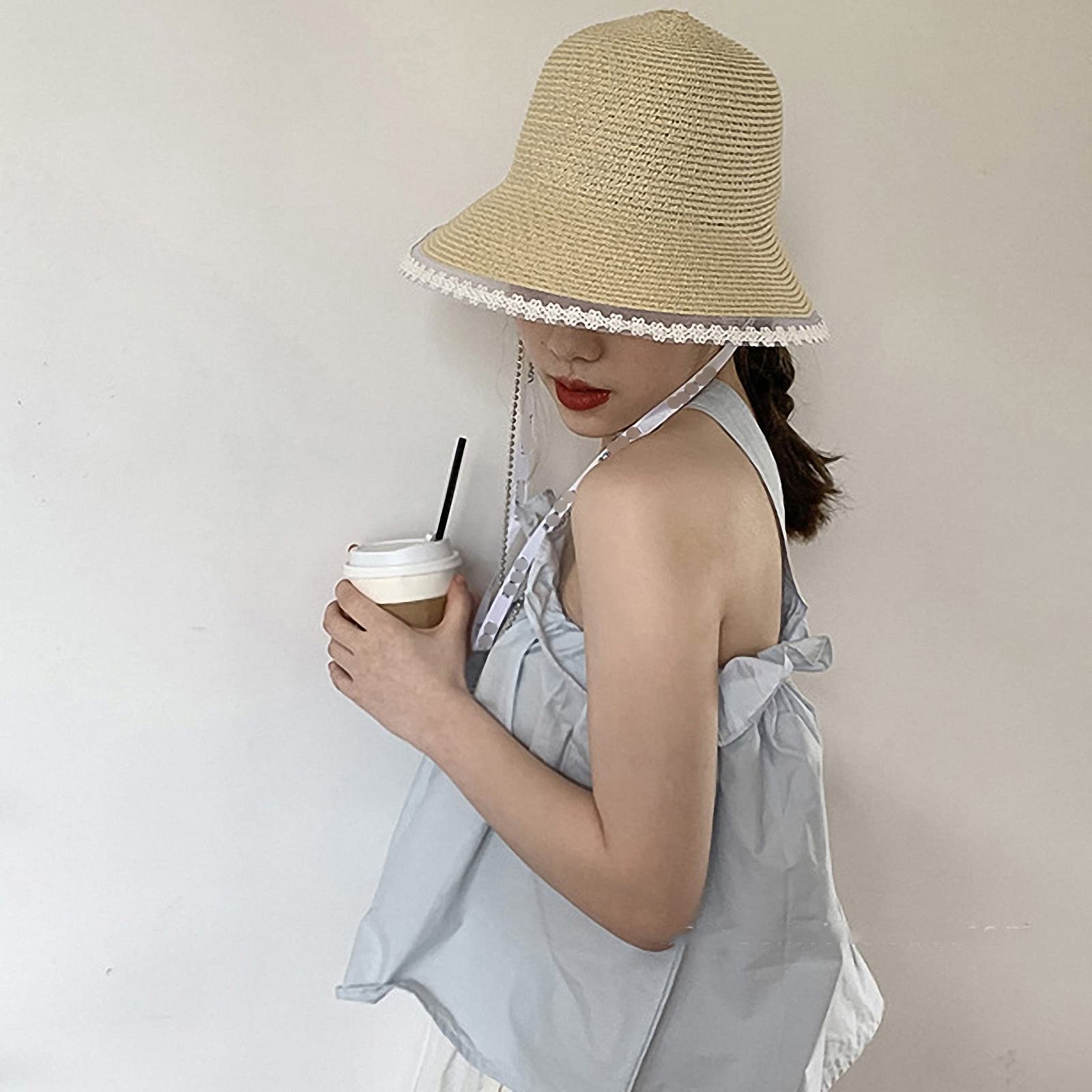 Geflochtener winddichter Strohhut für Damen mit Spitze, dünner, atmungsaktiver Sommer Sonnenhut, modischer eimerhut am Meer, Strandurlaub,Beige,One Size