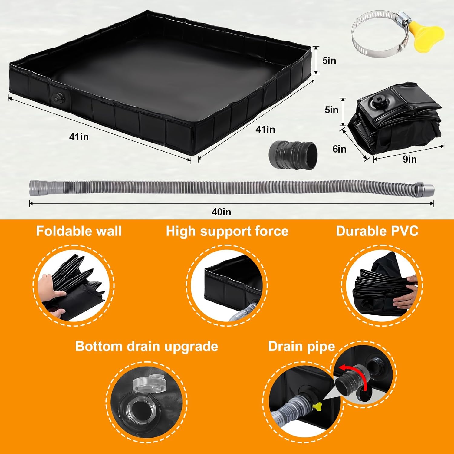 Upgraded Portable Shower Pan 41" x 41" x 5" with Mesh Storage Bag, Foldable Camping Shower Base & Floor with Detachable Drain Pipe Ideal for Camping, RV, Outdoor, Indoor and Portable Shower Stall