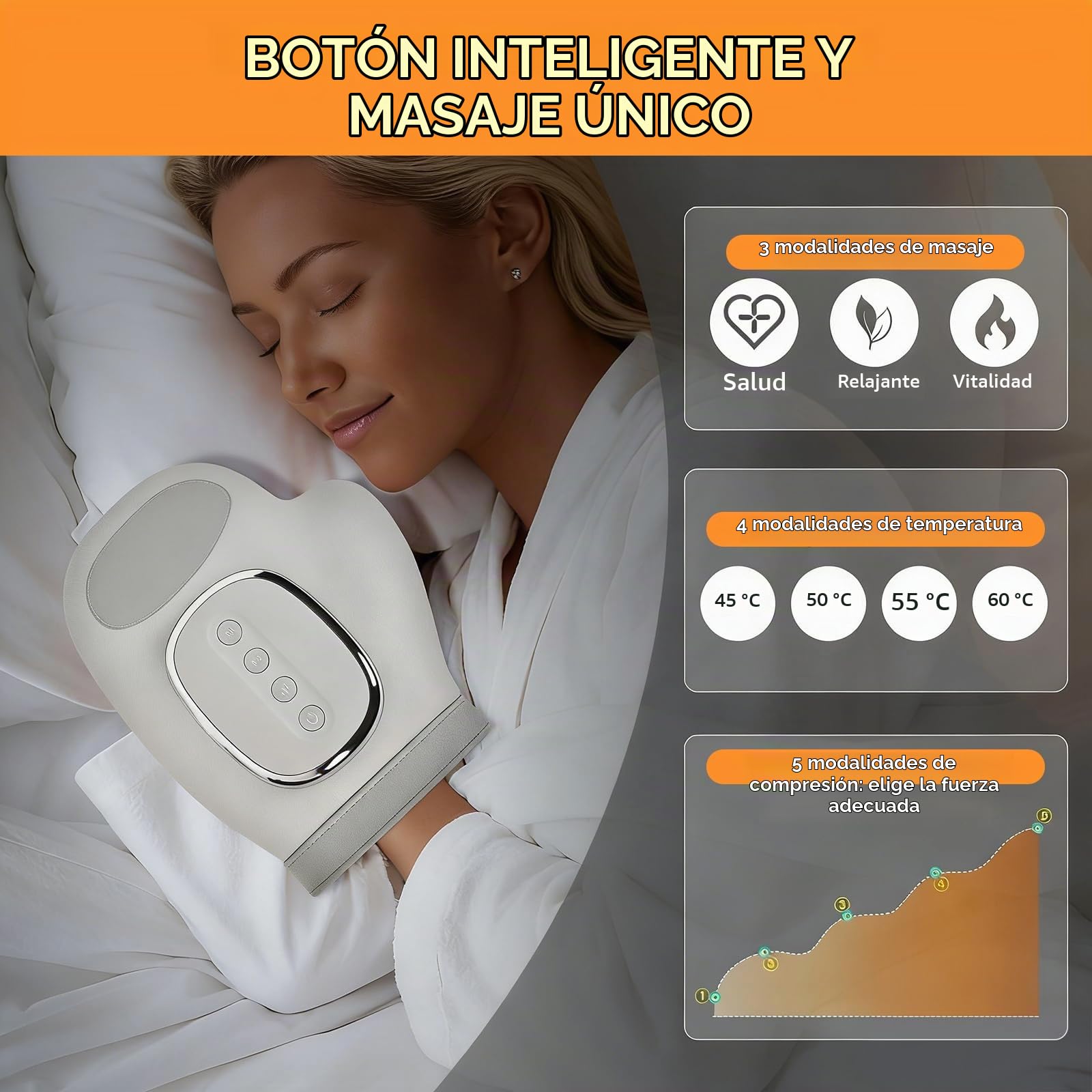 Masajeador de Manos Inteligente，Con Calor y Compresión de Aire, 3 Modos 5 Intensidades, Sin Cable para Confort y Relajación de Manos, Recargable Regalo