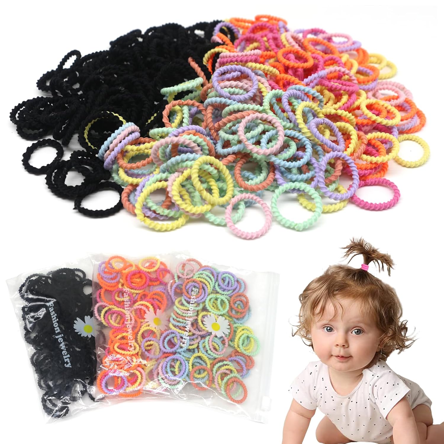 BlueZOO 300Pcs Small Hair Ties for Baby Kids Girls Toddler, Colored No Crease Thin Hair Elastic Ponytail Holders, Soft Cute Cotton Thread Style Mini Hair Bands No Damage 0.8inch, w/Storage Zipper Bag