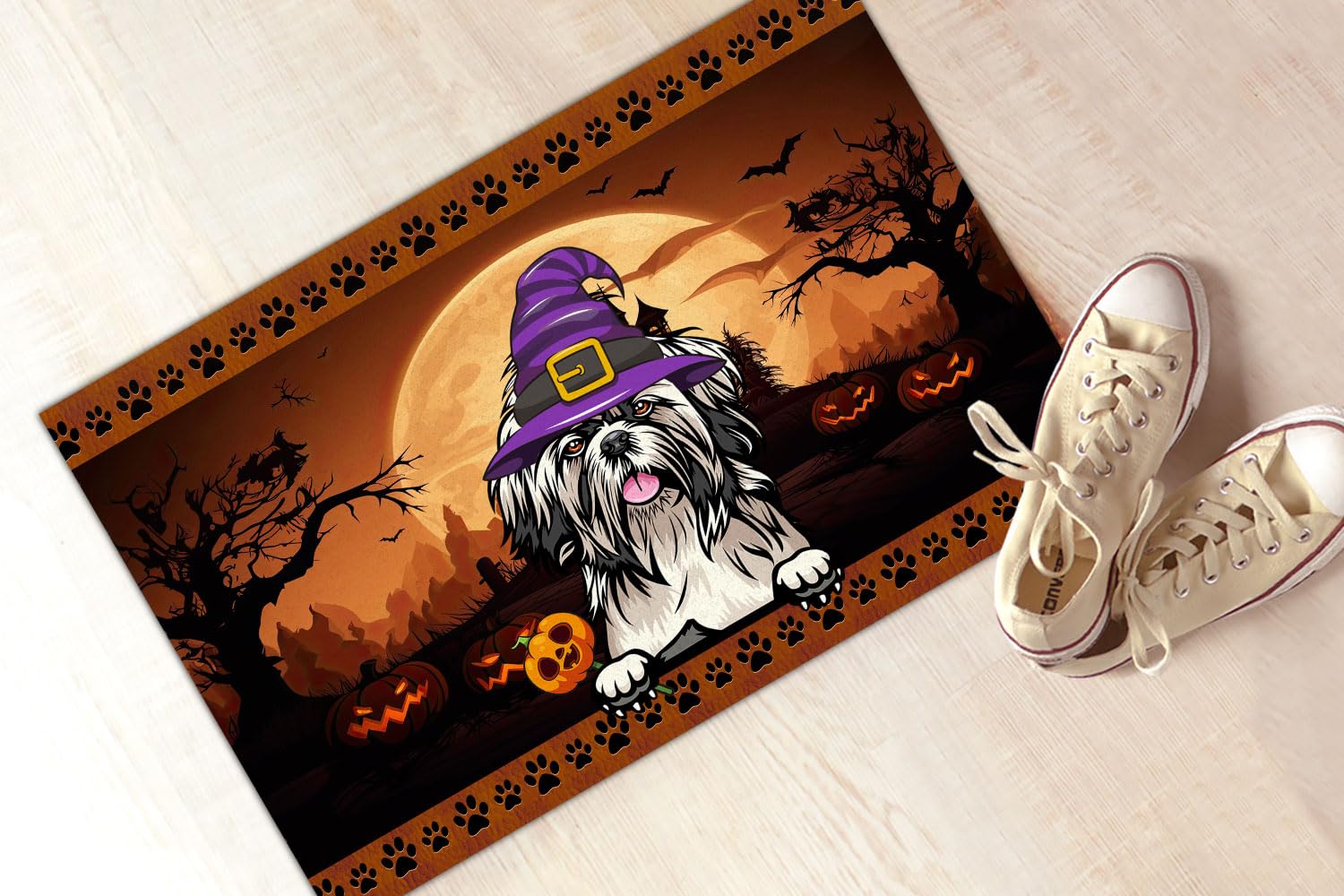 kobalo Halloween Door Mat Outdoor Rug Personalized Dog Mats Shih Tzu Welcome Decorative Doormat for Pet Lover Non-Slip Thanksgiving Fall Autumn Seasonal Holiday Floor Indoor Home Decor