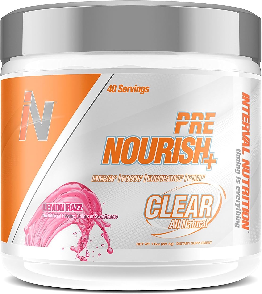 Interval Nutrition Pre Nourish+ Clear Lemon Razz All Natural Energy and Endurance Pre-Workout Powder - 40 Servings