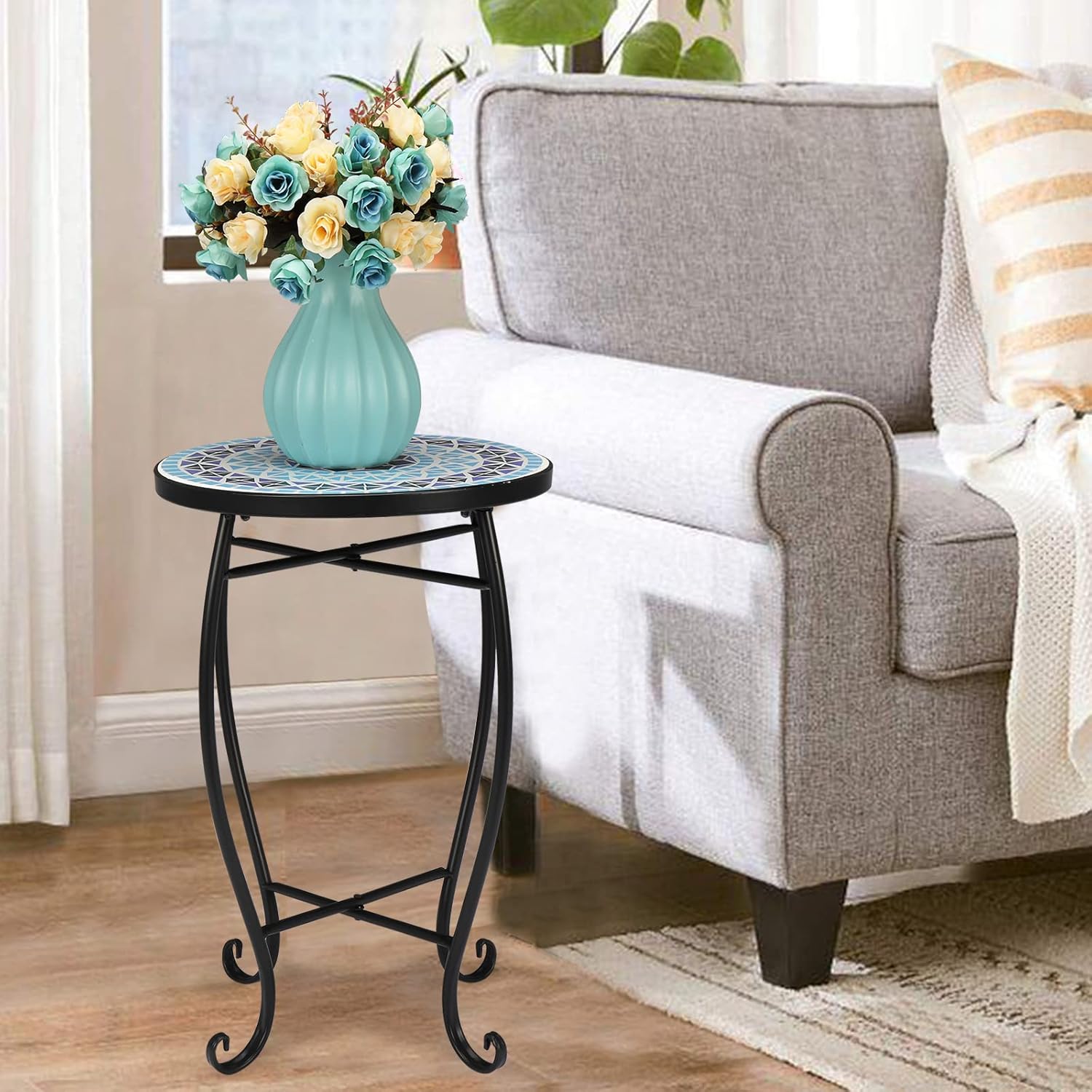 14" Outdoor Mosaic Round Patio Side Table,Small Bistro Coffee Table,Indoor Mosaic Plant Stand Table,Terrace Bistro Accent Table,with Metal Frame,for Living Room Garden Poolside Yard (Blue Ocean)
