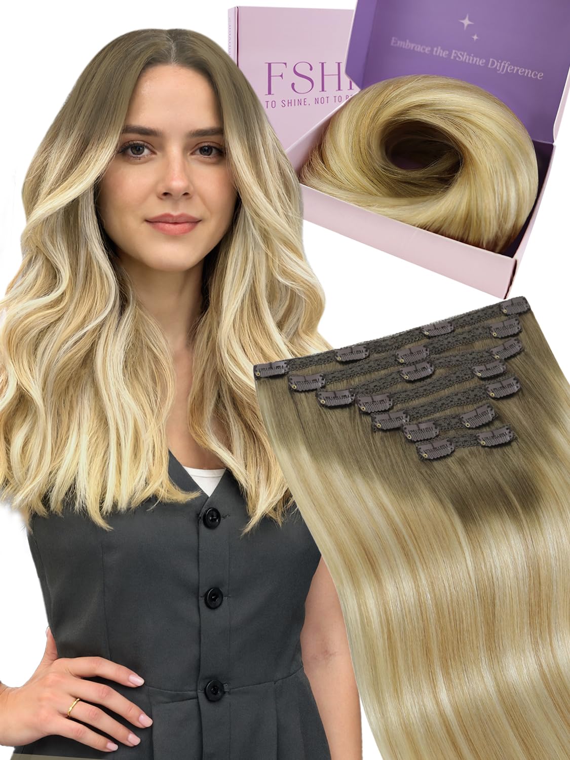 Fshine Extension Capelli Veri Clip 60 cm Extension Clip Capelli Veri 7 pcs 120 g Lisci Umani Castano Chiaro con Biondo Dorato e Platino Estensione Clips Invisibile Compleanno 6 27 60