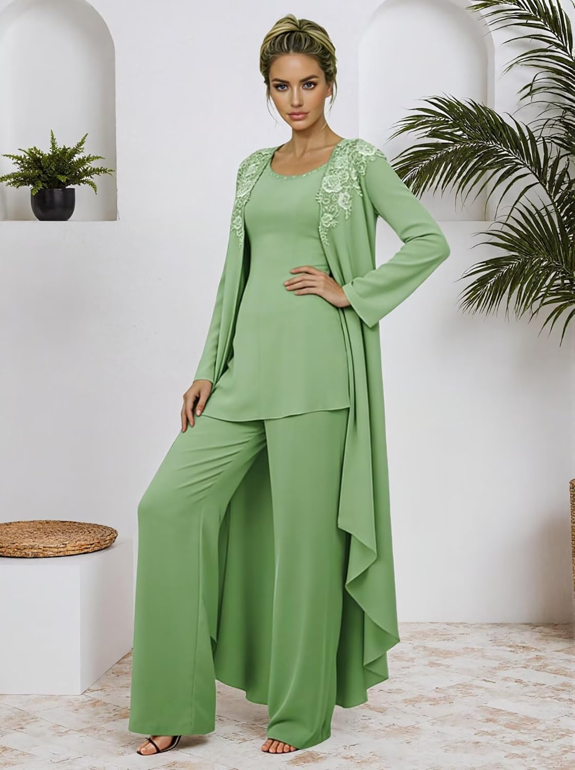 3 Pieces Chiffon Mother of The Bride Pant Suits Lace Appliques Wedding Guest Outfit with Long Jacket