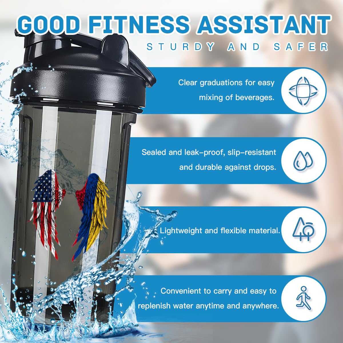 Wings America and Colombia Flag 18 Ounce Shaker Cup,Fashion Theme Pattern Shaker Bottle Leak-proof Workout Shake Bottles 500ML/18 oz Perfect for Pre Workout