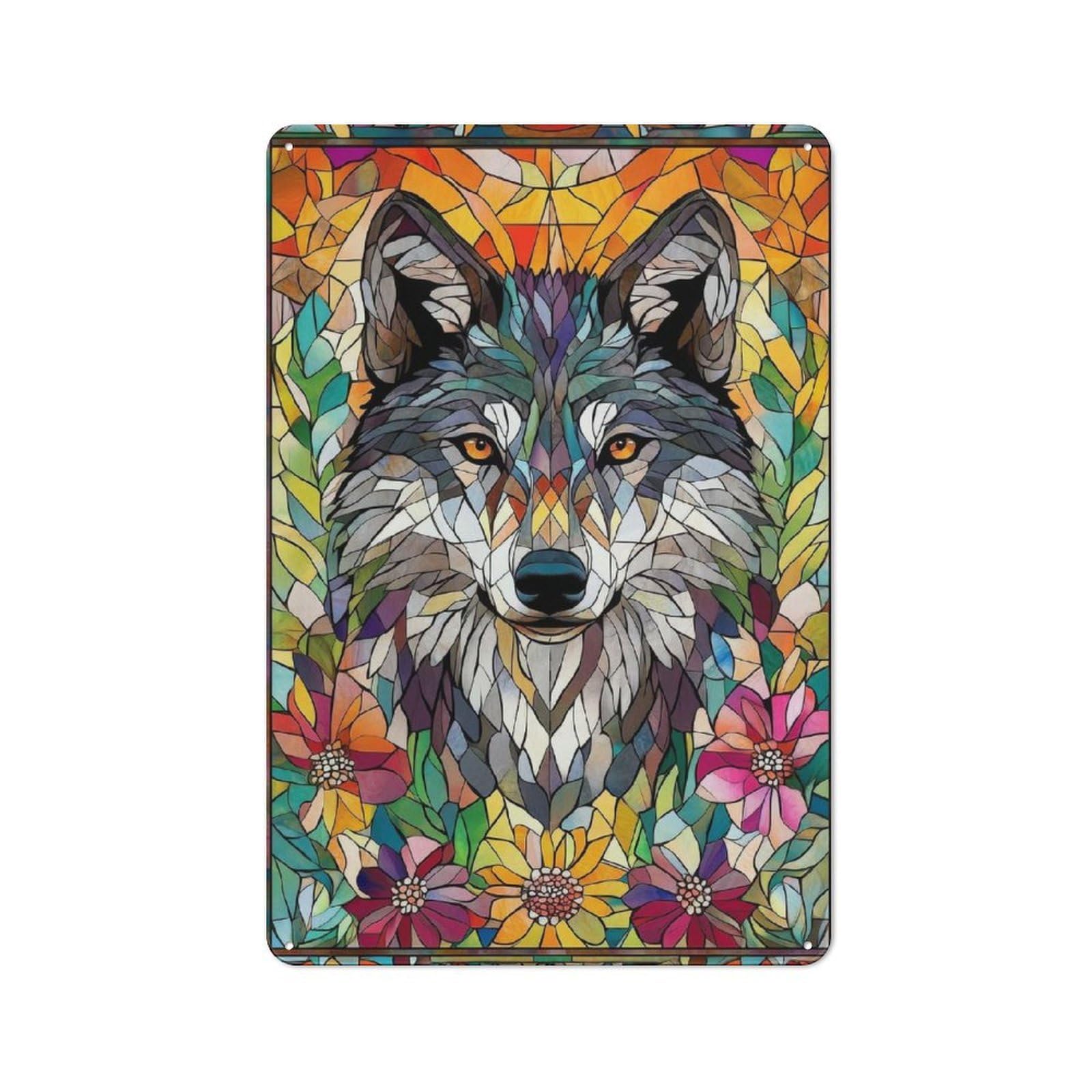 Retro Metal Sign 30x20cm Featuring Wolf in Flowers Mosaic, Home Bar Decor for Pub, Home Bar, Shed Or Man Cave