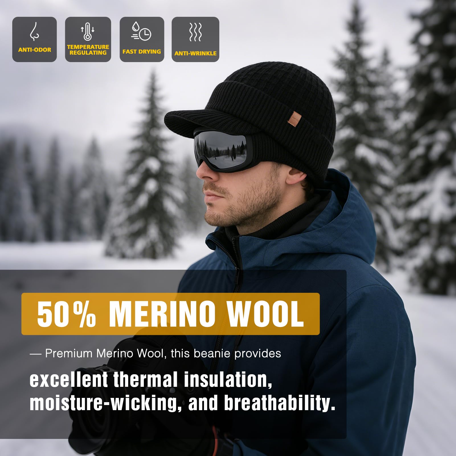 TOP-EX Gorro de lana merino, M, L, XL, XXL, 100 % lana merino, gorro de invierno, gorro de punto para hombre, gorro de pescador, gorro de arrastre, forro polar cálido