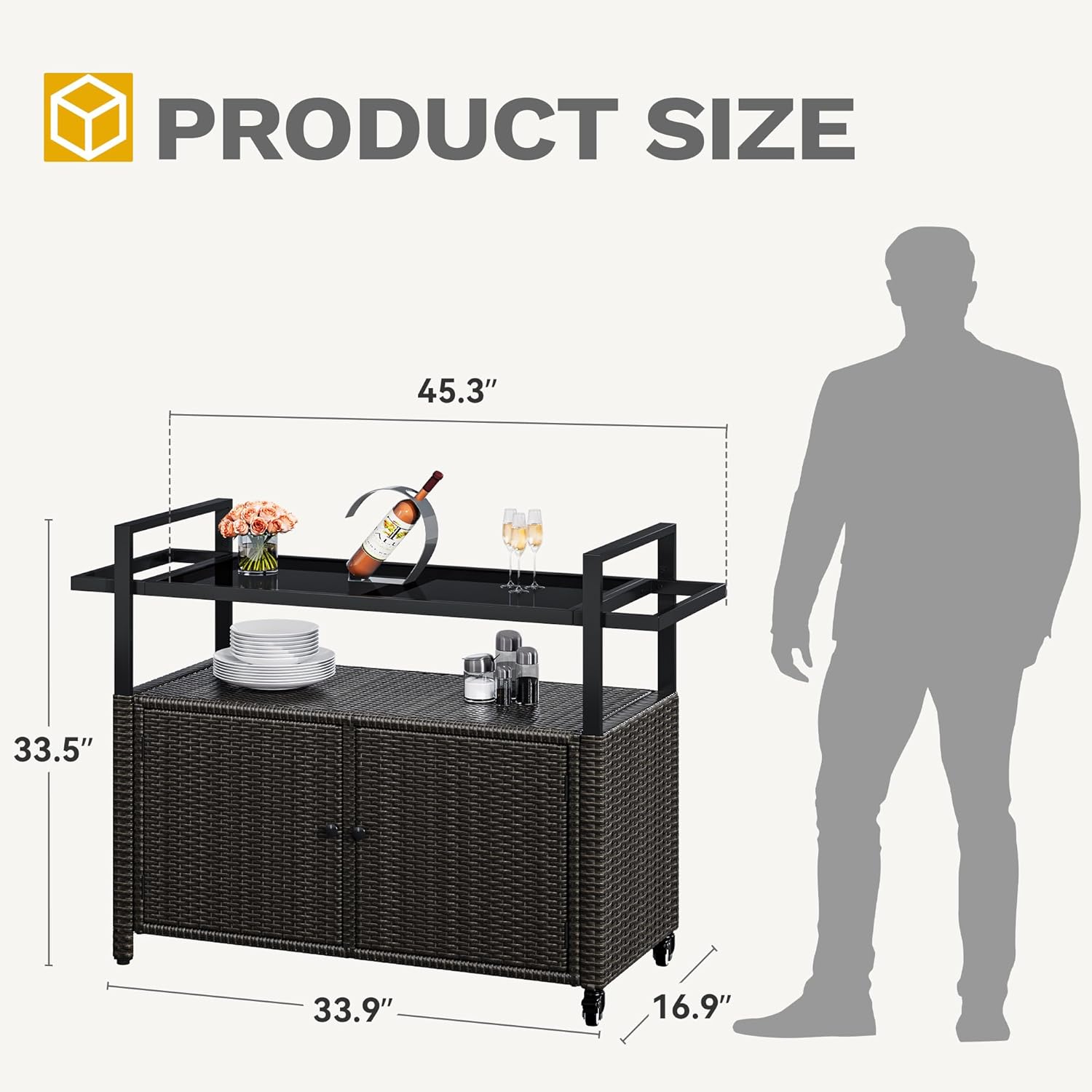 DWVO Patio Bar Table,Outdoor Kitchen Island with Glass Top,Rattan Patio Storage Cabinet with Wheels,Bar Cart for Poolside and Backyard,Black