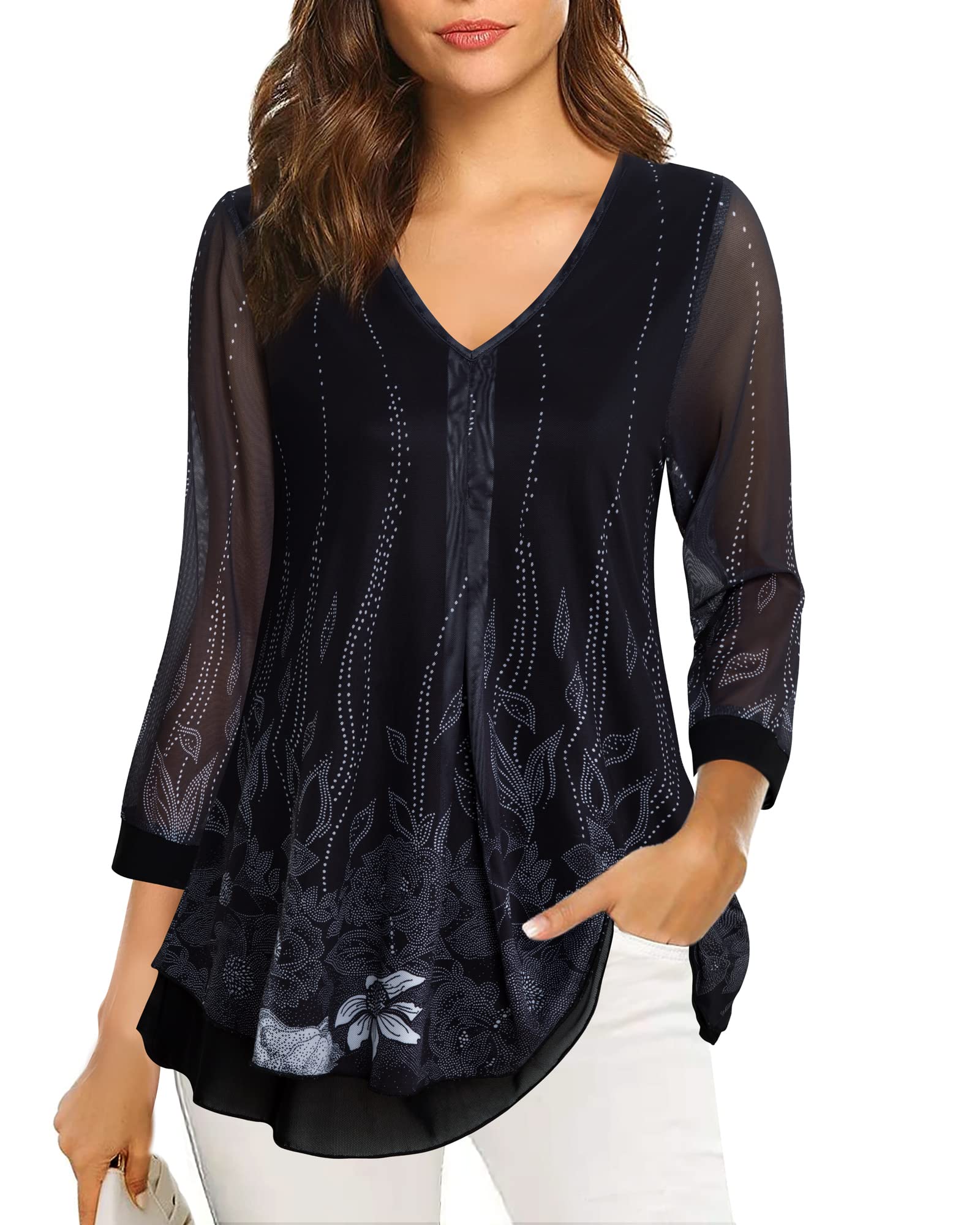 Gaharu Blusa para mujer, manga 3/4, diseño floral, elegante, doble capa, cuello en V, malla, holgada, larga