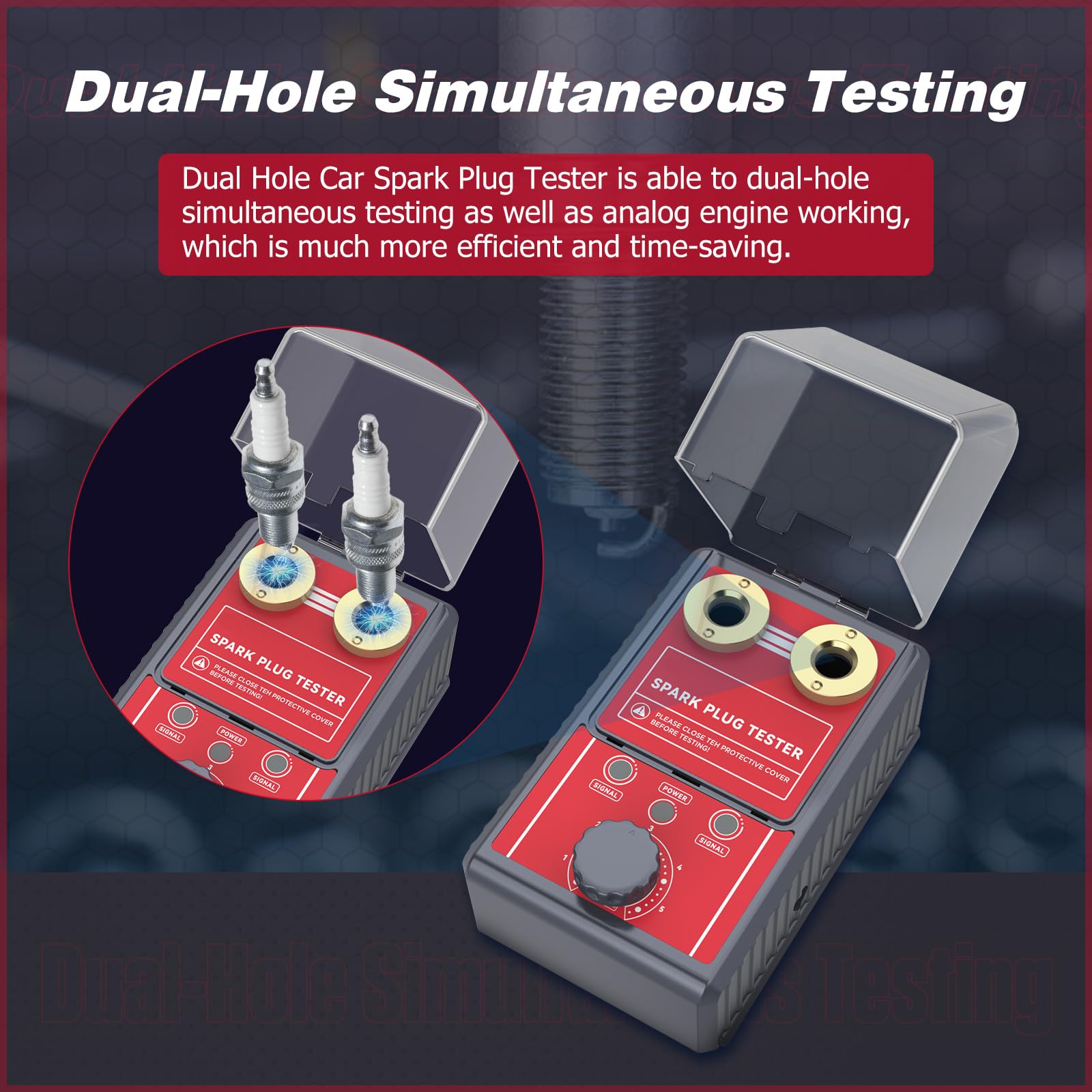 Tester per Candele Auto 220V - MOTOCOCHE Tester di Accensione a Doppio Foro per Veicoli a Benzina a 12V, 0-6000 giri/min Frequenza Regolabile Rilevatore di Candele di Accensione per Candele da 12 mm