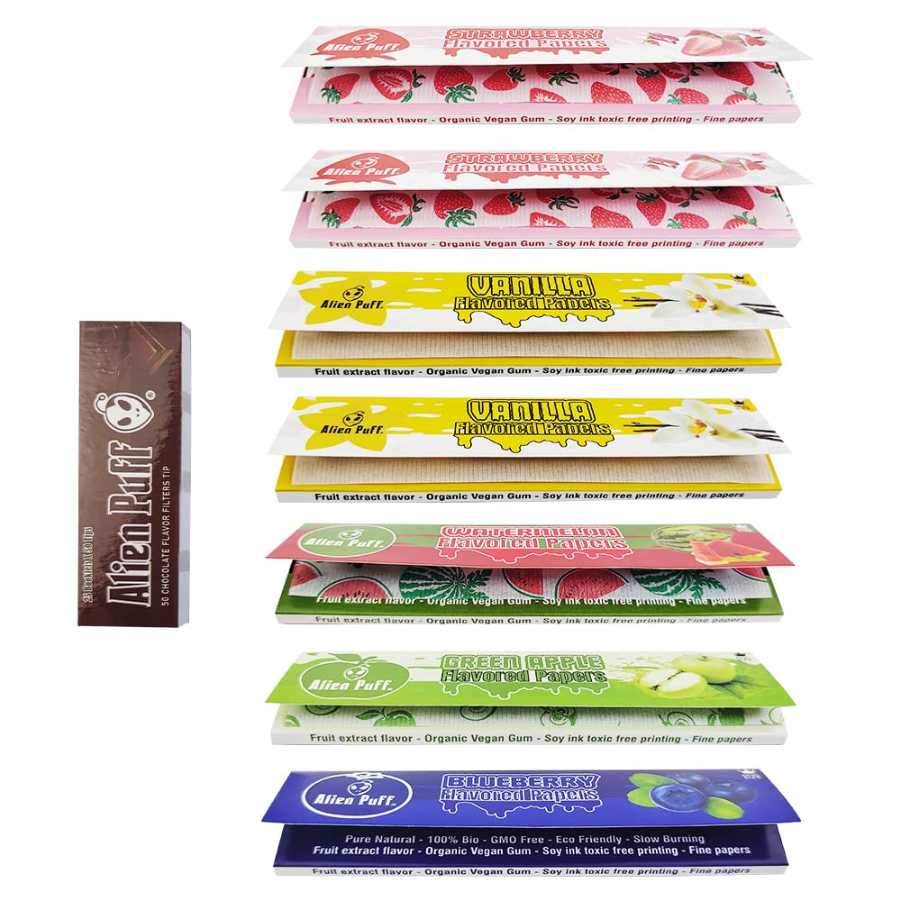 Flavored Rolling Papers - 7 Pakcs Rolling papers with Filter Tips, 110MM Kingsizeslim Long Flavours Papers, Natural Arabic Gum & Slow Burning