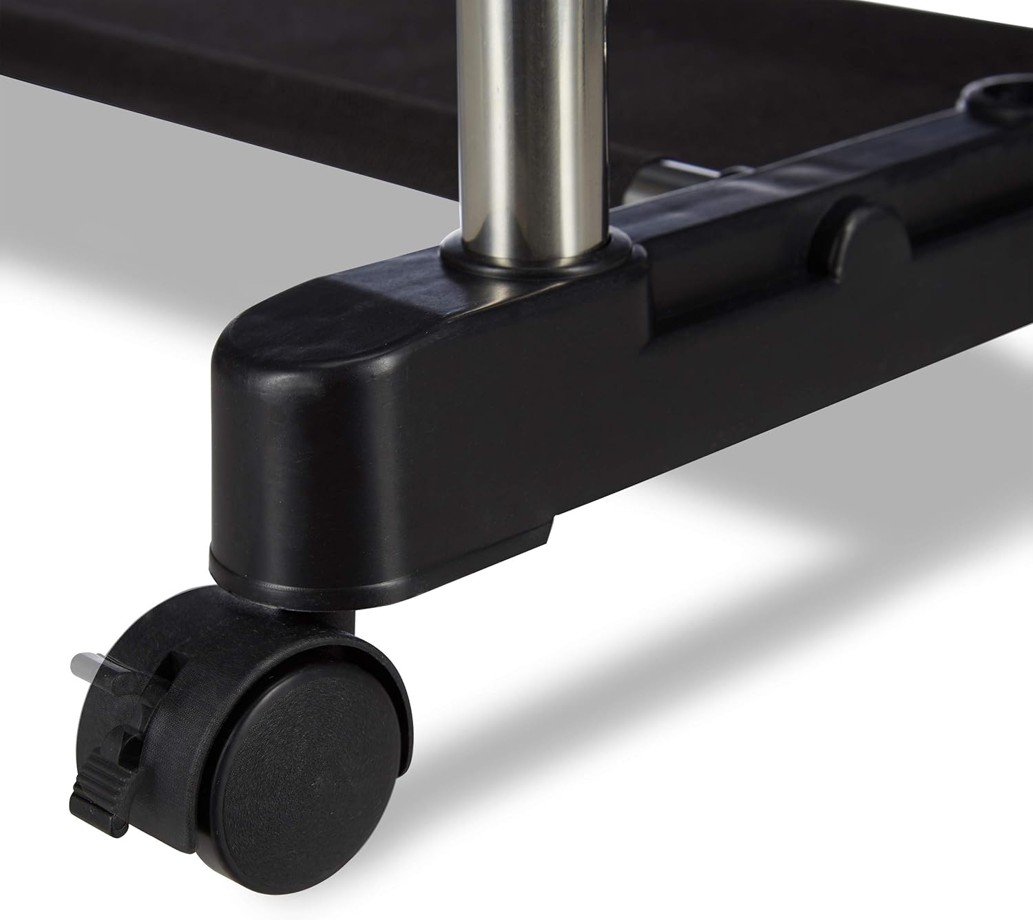 Close-up of a caster wheel on the garment rack base