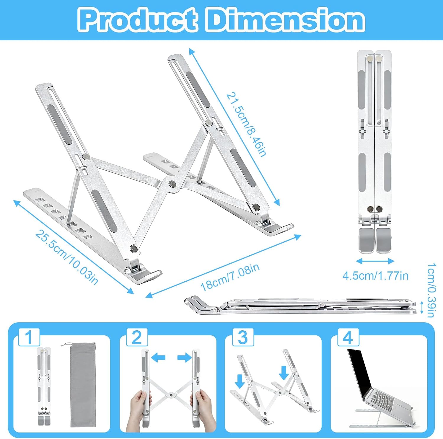 SAYEEC Laptop Stand for Desk Portable Laptop Riser 7 Angles Ergonomic Adjustable Computer Stand Aluminum Foldable Laptop Stands Ventilated Cooling Notebook Holder for 10-15.6" Laptops Tablet (Silver) image 2