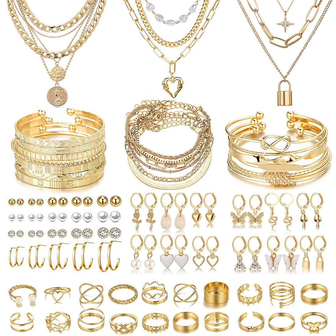 105 Pieces Gold Jewelry Set for Women, 10 Necklace, 19 Bangle Bracelet, 54 Earrings, 22 Knuckle Rings for Women Gold Plated Jewerly set for Women Gifts