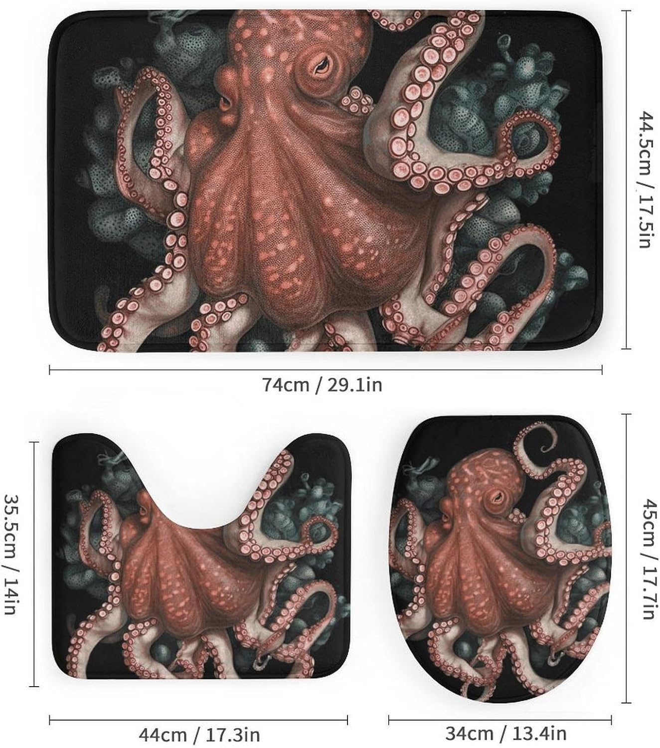 Octopus Intertwined Shower Curtain Set 4 Piece, Non-Slip Bath Mat with Toilet Lid Cover and Waterproof Shower Curtain with 12 Hooks, Complete Bathroom Set for Home Decor