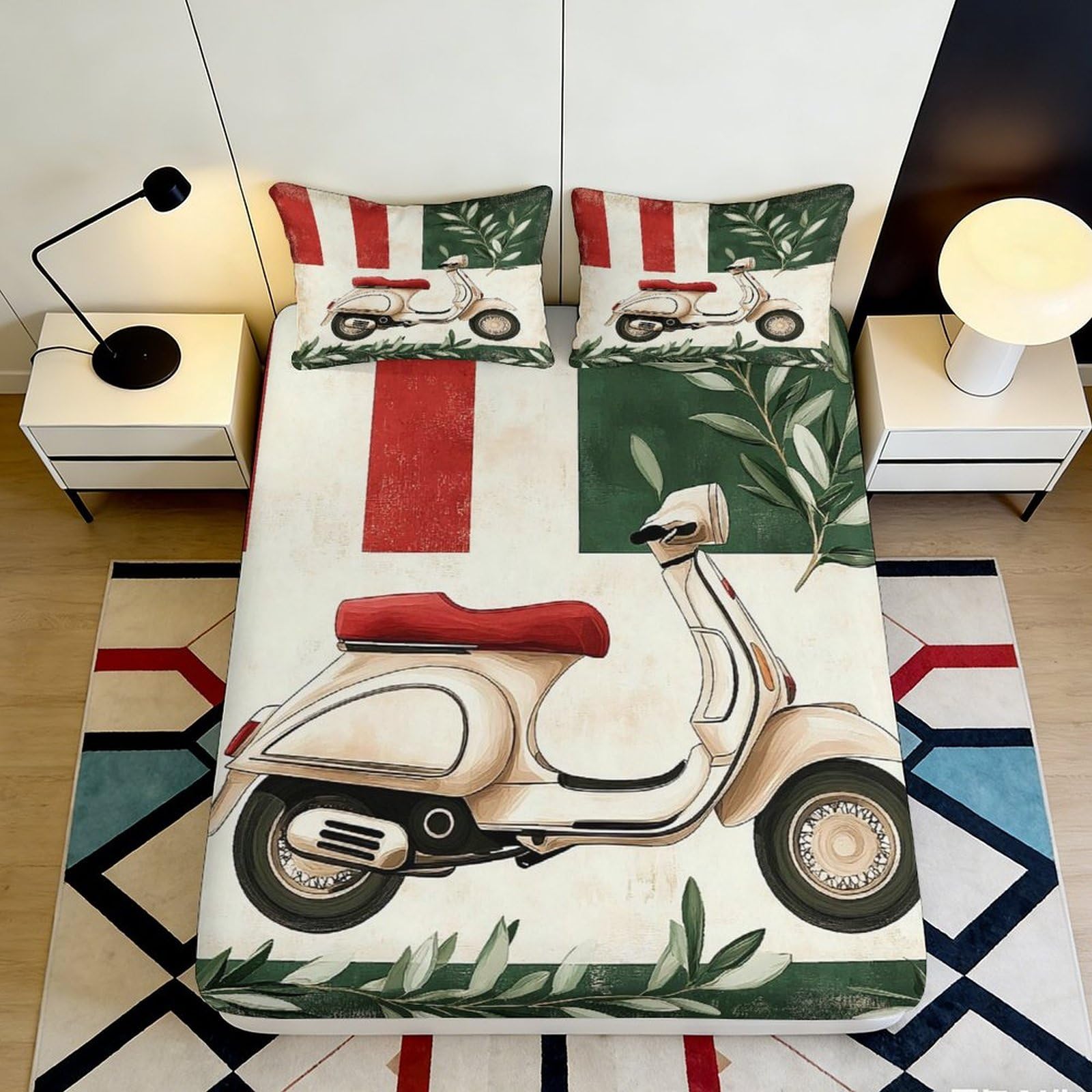 3D Printed Vintage Scooter Fitted Sheet Microfiber Durable Soft Bed Cover with 3D Printed Olive Branch Design Mattress Cover for Bedroom Guest Room 120x200x25cm