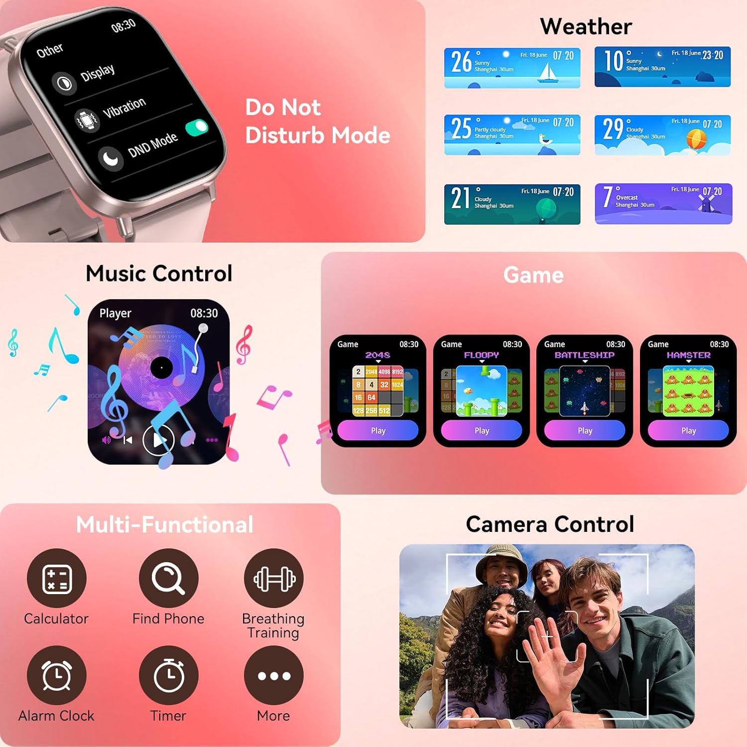 The G128 Smart Watch displaying various multi-functional features like music control, games, camera control, calculator, find phone, breathing training, alarm clock, and timer.